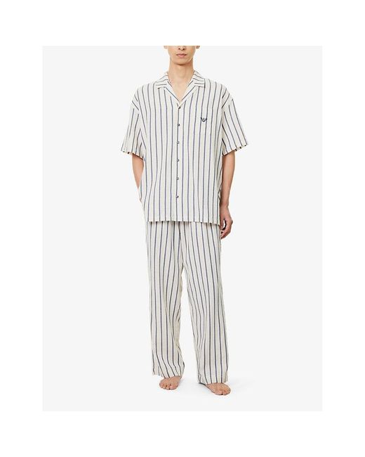 Emporio Armani White Stripe-print Relaxed-fit Cotton And Linen-blend Shirt for men