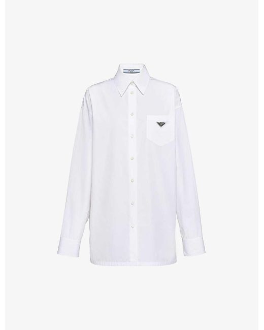 Prada White Logo-plaque Long-sleeve Cotton Shirt