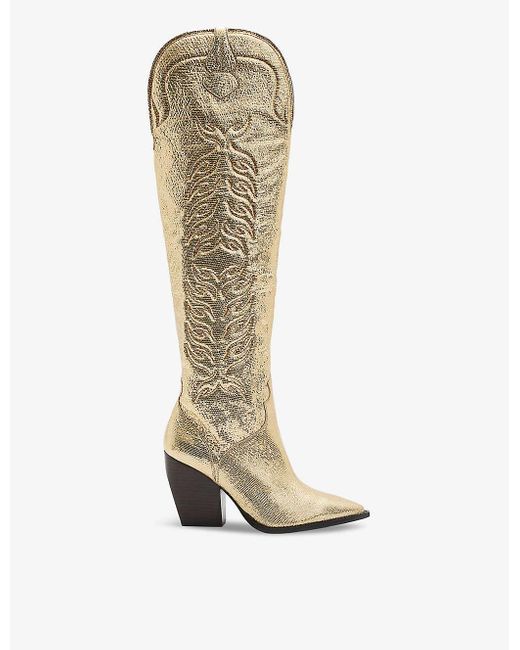 AllSaints White Roxanne Western Metallic-leather Knee-high Boots