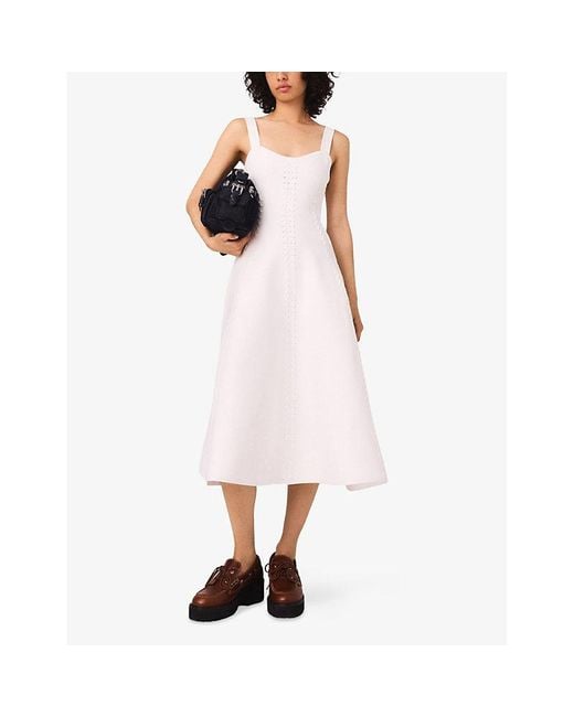 Maje White Square-Neck Flared-Skirt Knitted Midi Dress