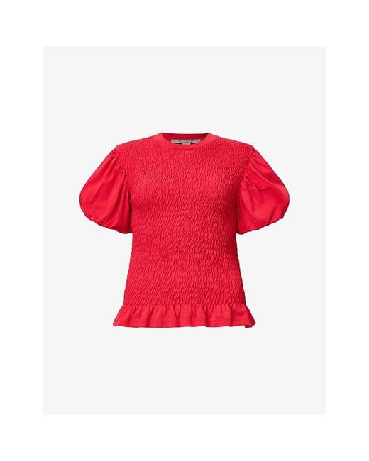 AllSaints Red Dael Puff-Sleeve Slim-Fit Smocked Stretch-Woven Top