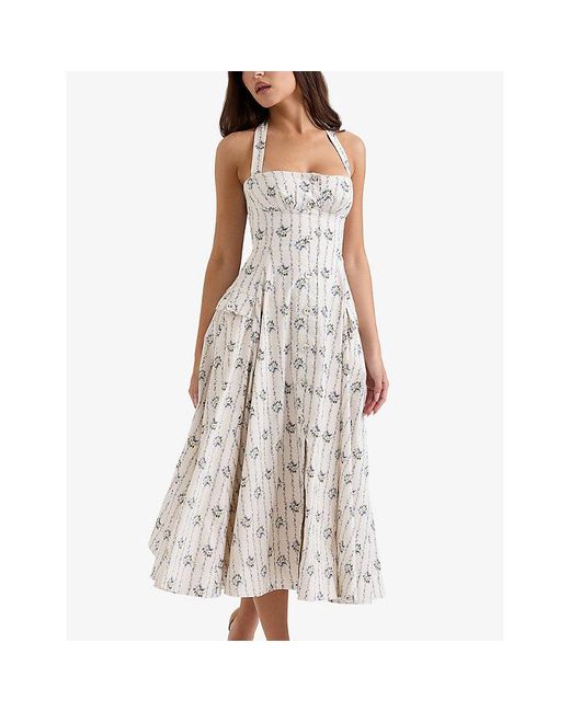 House Of Cb White Claudia Daisy-Print Stretch-Cotton Midi Dress