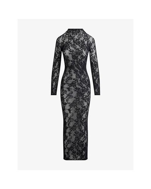 Skims Knit Lace Mock Neck Midi Dress in Black | Lyst UK