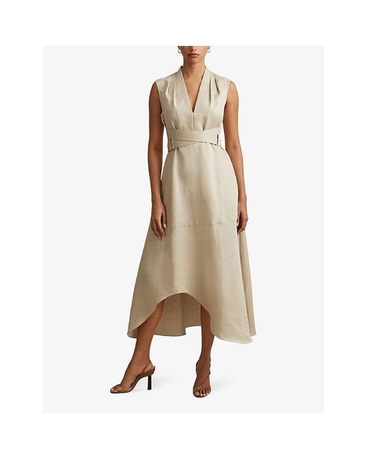Reiss Natural Ava Belted-waist Dipped-hem Linen Midi Dress