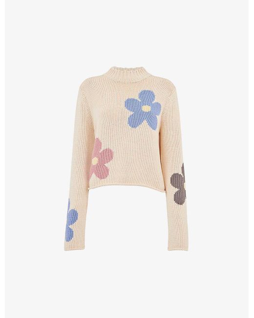 Whistles White Floral-intarsia Cropped Knitted Jumper