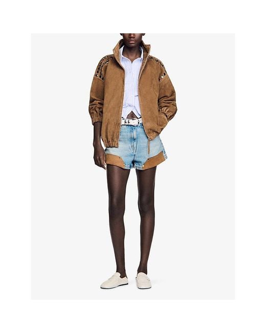 Sandro Brown Studded Relaxed-Fit Suede Jacket