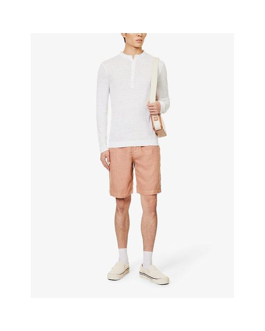 120% Lino White Henley Contrast-trim Linen T-shirt for men