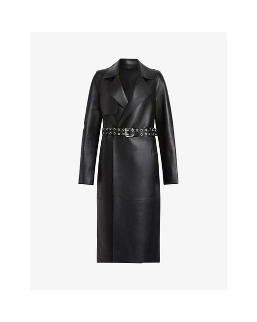 AllSaints Black Farren Oversized-collar Belted-waist Leather Coat