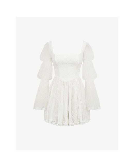 House Of Cb White Sancia Puff-Sleeve Lace Mini Dress