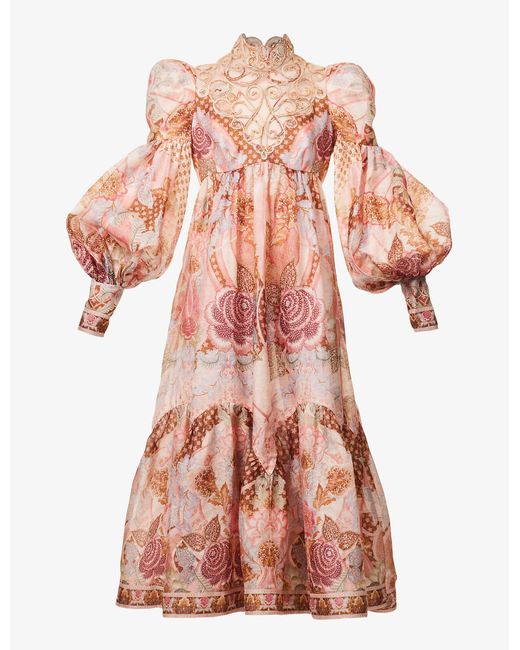 Zimmermann Kaleidoscope Highneck Floralprint Linenblend Midi Dress
