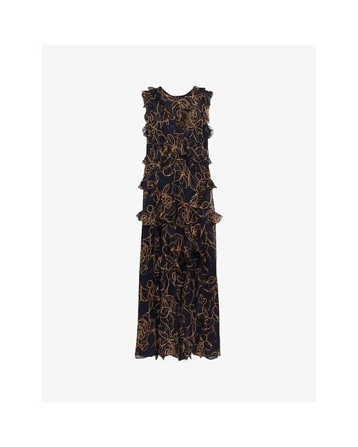 Ted Baker Black Vy Rize Floral-print Ruffle Woven Midi Dress