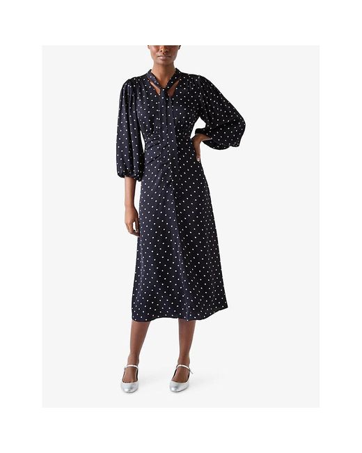 L.K.Bennett Blue Hester Tie-Neck Woven Midi Dress