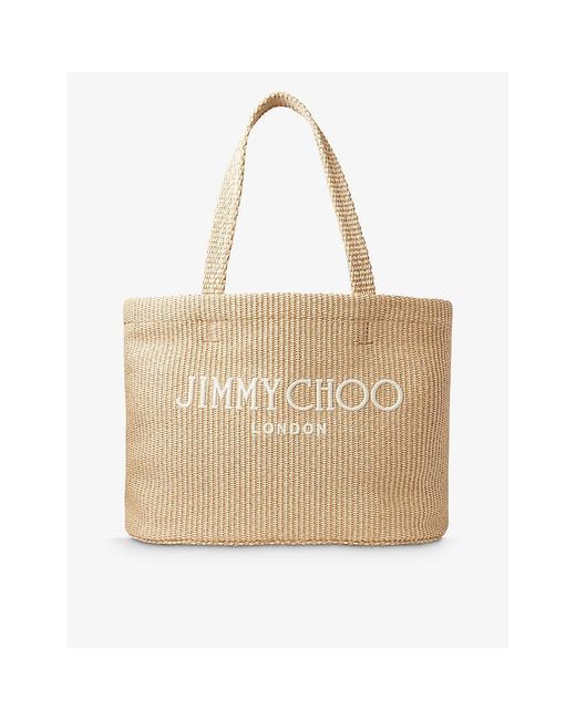 Jimmy Choo Natural Beach Logo-Embroidered Raffia Tote Bag