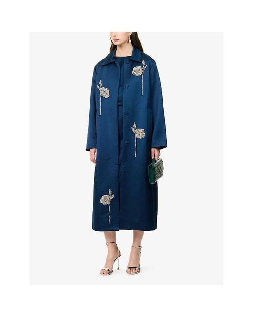 Erdem Blue Floral Crystal-Embroidered Satin Coat