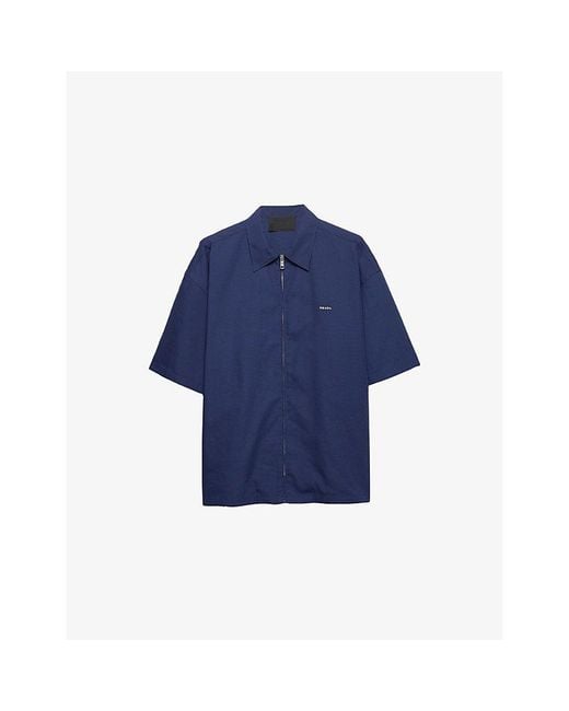 Prada Blue Short-Sleeved Technical Cotton Shirt for men