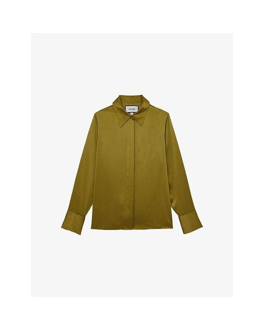 Reiss Green Ameira Concealed-Placket Long-Sleeve Silk Shirt