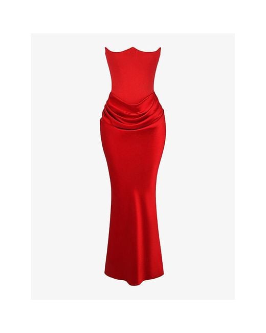 House Of Cb Persephone Corseted Woven Maxi Dress in Red