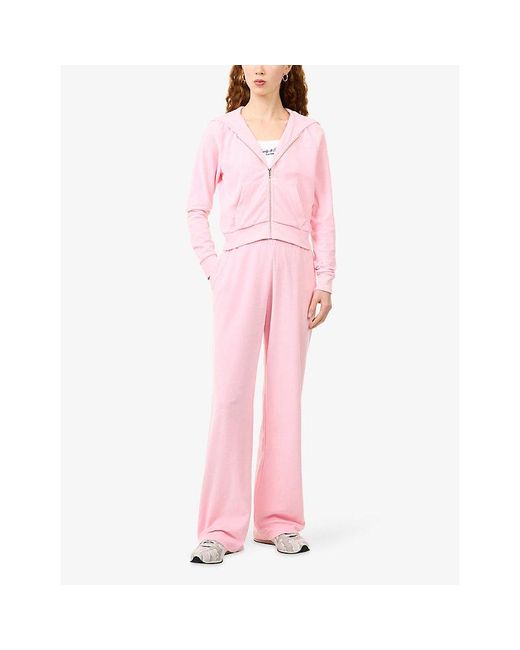 Sporty & Rich Pink Signature-Logo Krystal Zip Velour Hoody