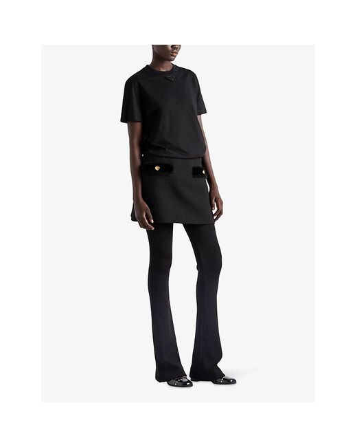 Prada Black Embroidered-Triangle Short-Sleeve Cotton-Jersey T-Shirt
