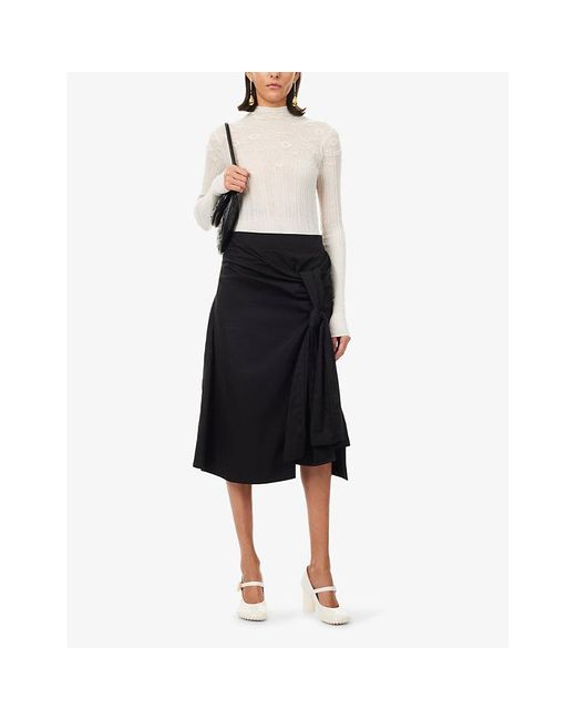 Bottega Veneta Black Ruched-overlay Cotton-blend Poplin Technical Midi Skirt