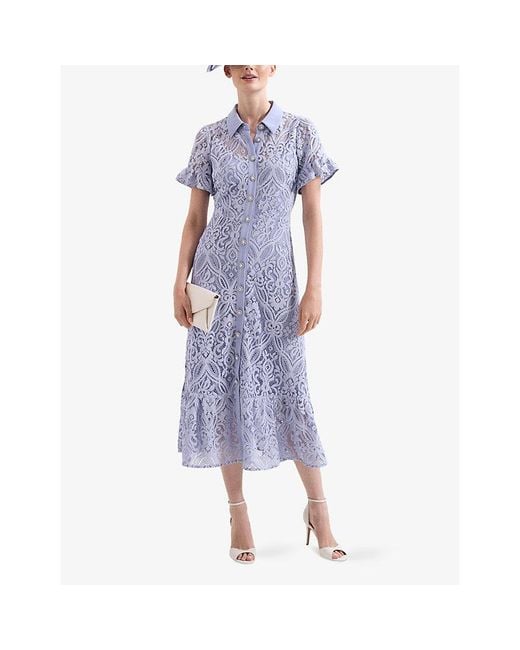 Phase Eight Purple Carmine Frilled-Sleeve Midi Lace Dress