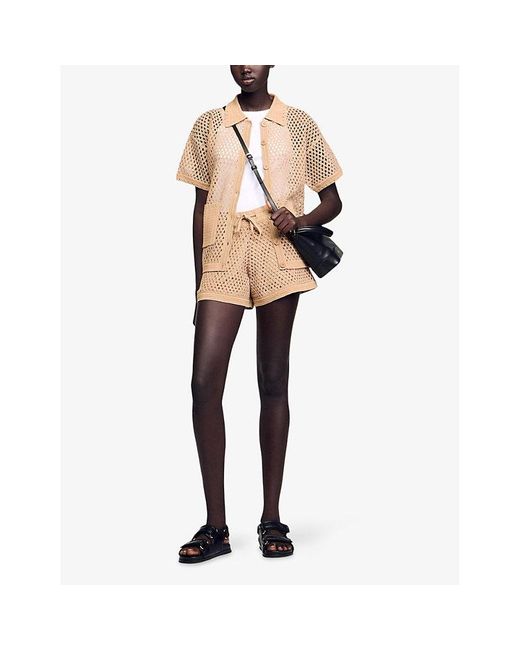 Sandro Natural Drawstring-Waist Sequin-Embellished Knitted Shorts