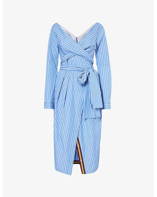 Dries Van Noten Blue V-neck Striped Cotton Midi Dress