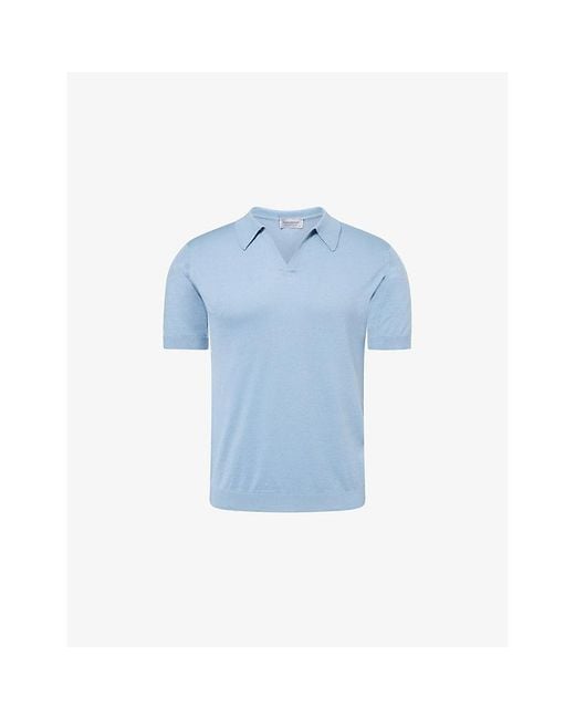 John Smedley Blue Noah Sea Island Open-Collar Cotton Polo Top for men