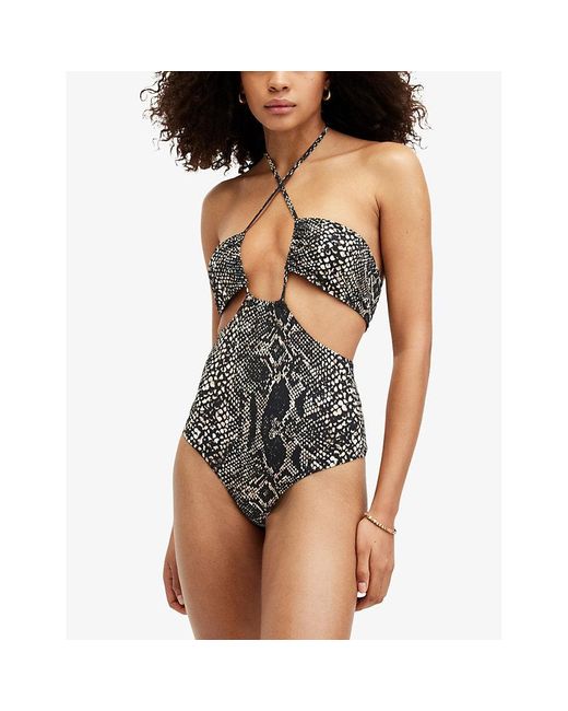 AllSaints Gray Cody Graphic-print Cut-out Stretch-woven Swimsuit