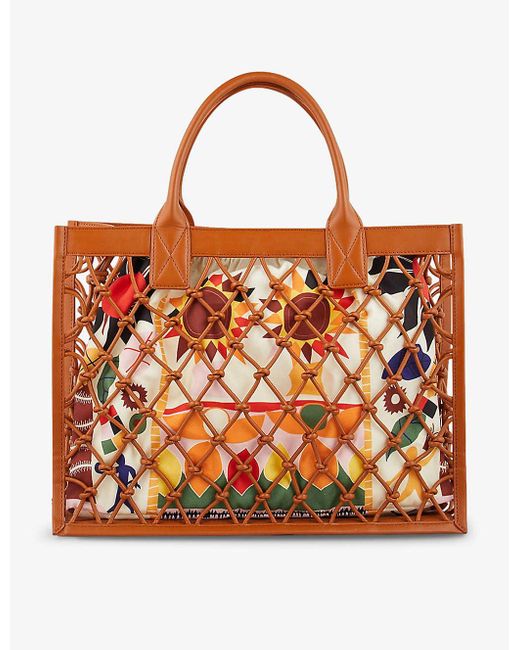Sandro Orange Kasbah Graphic-motif Cotton And Leather Tote