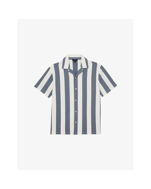Reiss Blue Dexter Cuban-Collar Block-Stripe Stretch-Woven Shirt for men
