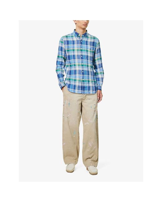 Polo Ralph Lauren 6357a Blue/greenlogo-embroidered Custom-fit Checked Linen Shirt Xx for men