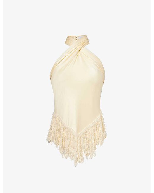 Rabanne White Fringed-trim Slim-fit Stretch-woven Top