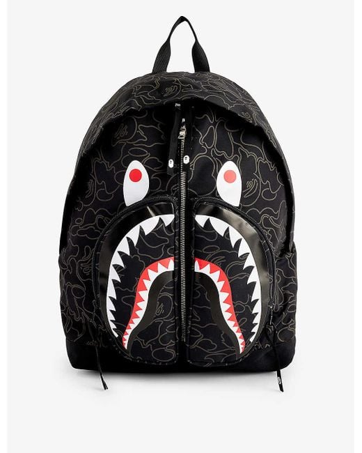 A Bathing Ape Black Camo Shark Graphic-print Woven Backpack for men
