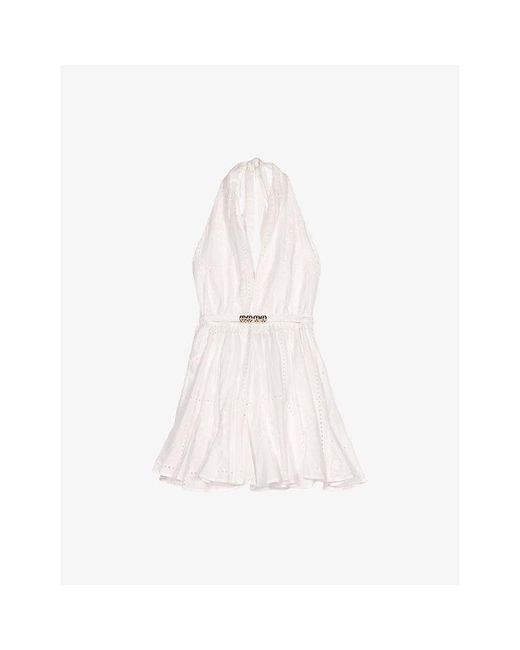 Maje White Ring-Embellished Halter-Neck Embroidered Cotton Mini Dress