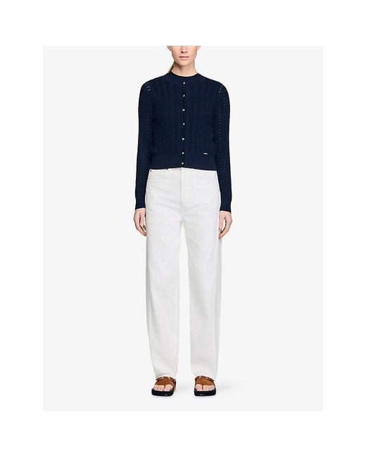 Sandro Blue Cropped Textured Knitted Cardigan