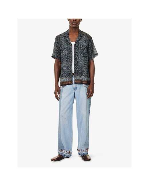 Kartik Research Gray Pattern Camp-Collar Silk Shirt for men