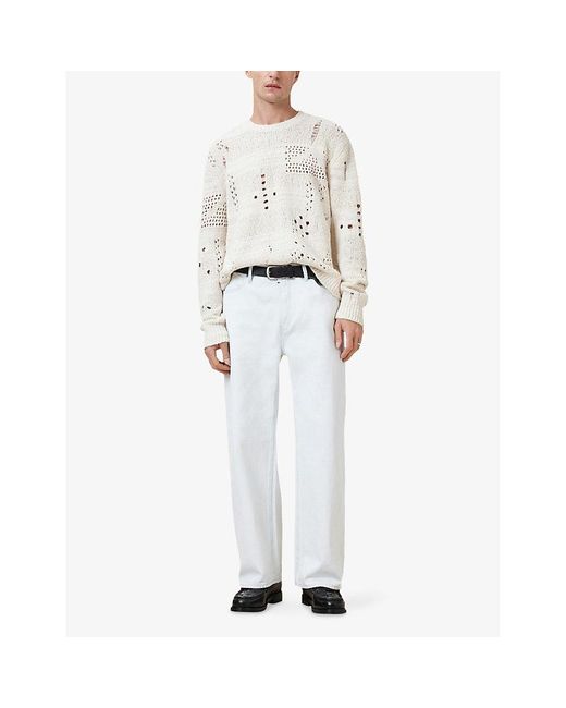 AllSaints White Harvey Crewneck Distressed Cotton Jumper for men
