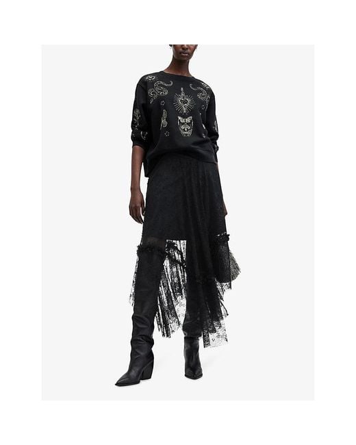 AllSaints Black Josie Tiered-Hem Lace Midi Skirt