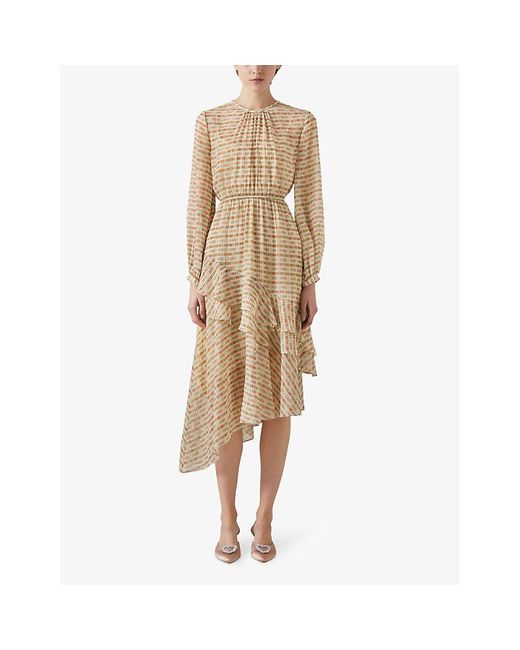 L.K.Bennett Natural Bea Block-print Asymmetric-hem Silk Midi Dress