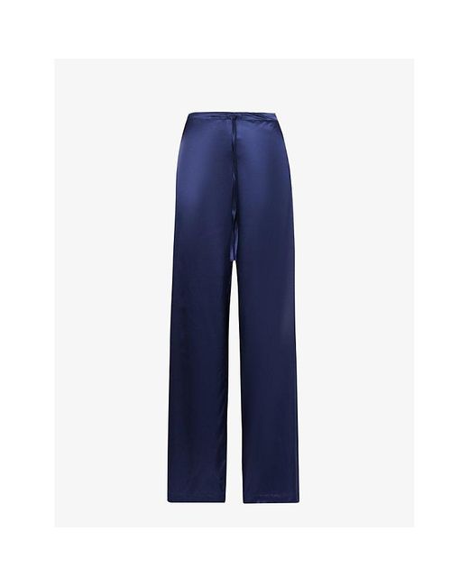Woera Blue Colour-blocked Elasticated-waist Straight-leg Mid-rise Silk Trouser