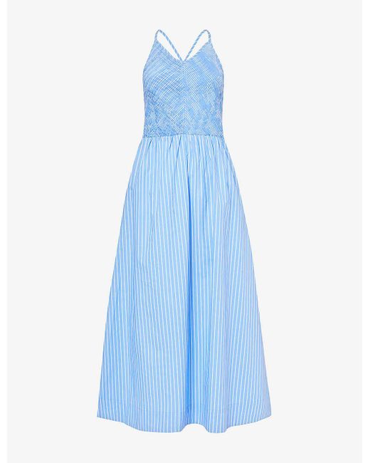Faithfull The Brand Blue Camera Shirred-bodice Striped Cotton-poplin Midi Dress