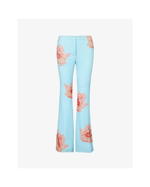 KENZO Blue Floral-print Flared-leg Woven Trousers