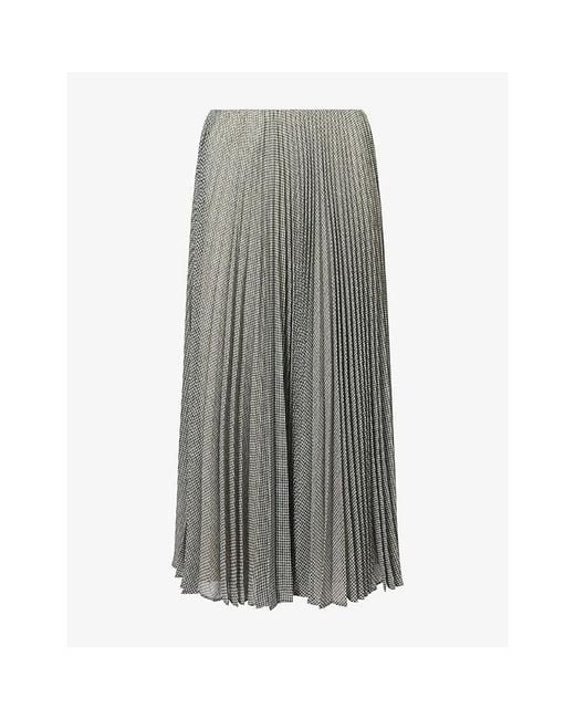 Vince Gray Houndstooth-Print Pleated Woven Midi Skirt