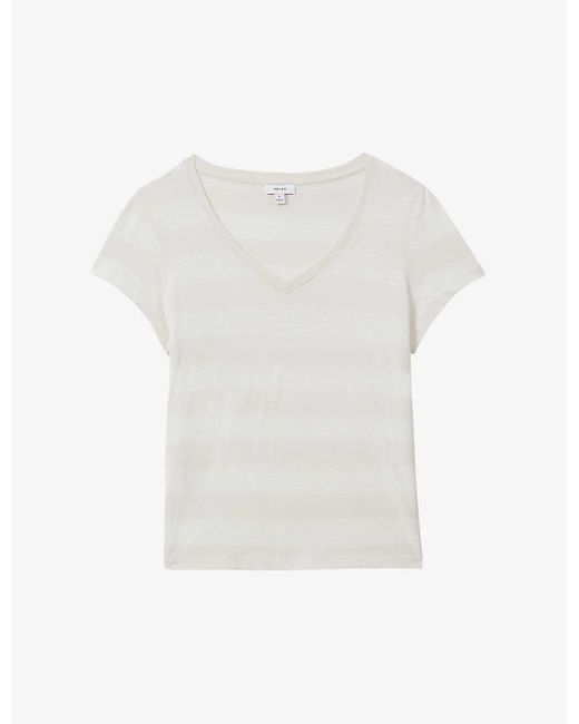 Reiss White Nola Subtle-stripe Cotton-blend T-shirt