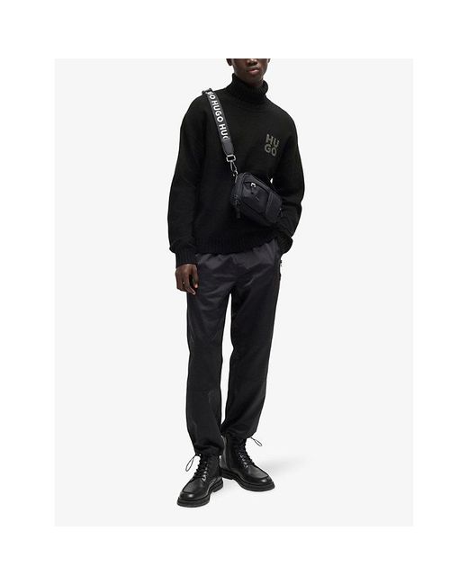 HUGO Black Logo-Print Roll-Neck Relaxed-Fit Wool-Blend Jumper for men
