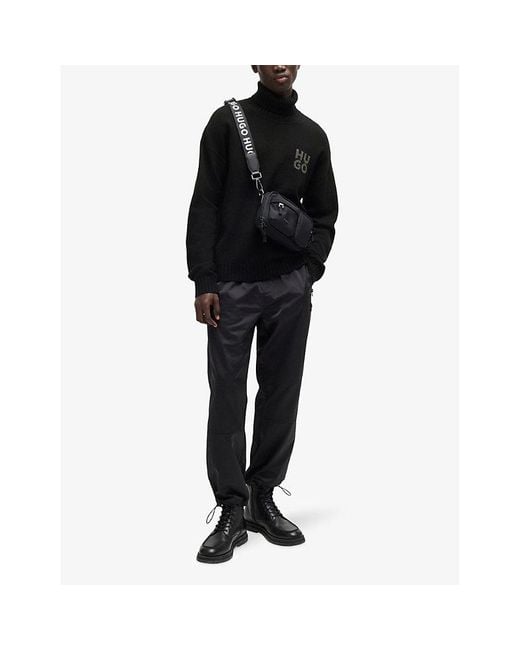 HUGO Black Logo-Print Roll-Neck Relaxed-Fit Wool-Blend Jumper for men