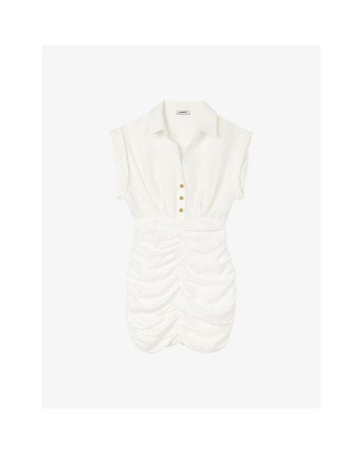Sandro White Shirt-collar Draped-effect Linen-blend Mini Dress
