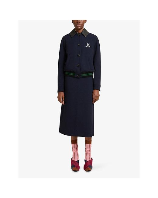 Marni Blue Leather-Collar Wool Crepe Bomber Jacket