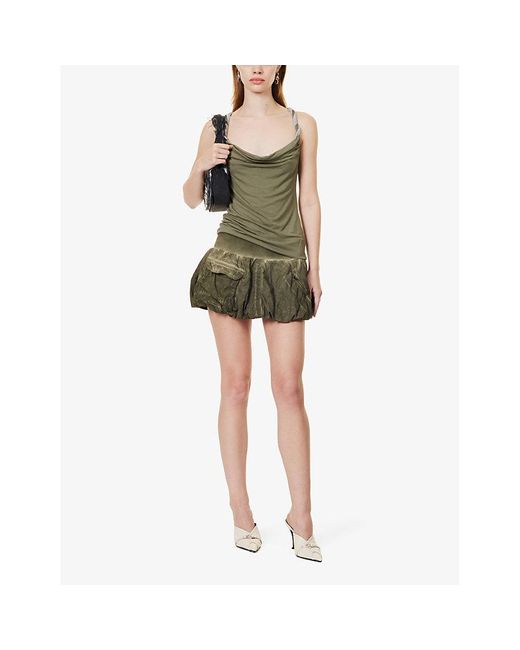 Jaded London Green Cargo-pocket Puffball-hem Cotton Mini Skirt